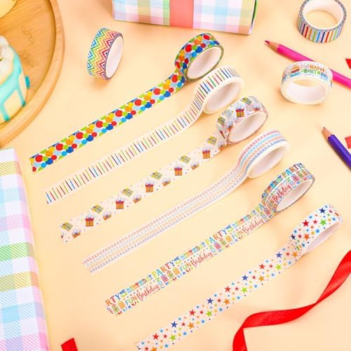 AnyDesign 12 Rolls Happy Birthday Washi Tape Masking Tape Set Colorful Candle Balloon Banner Decorative Wrapping Paper Tapes for Scrapbook Journal DIY Art Crafts