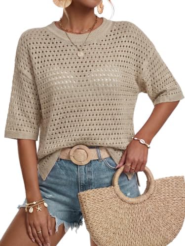 Arach&Cloz Women's Linen Blend Oversized Hollow Out Summer Crochet Tops
