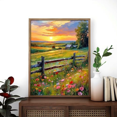 Alptiny Sunset Farm Paint by Numbers Kit for Adults Beginner, Countryside Landscape with Flowers Paint by Number Kits, DIY Oil Painting Kit for Relaxation & Home Decor, 16x20 Inch