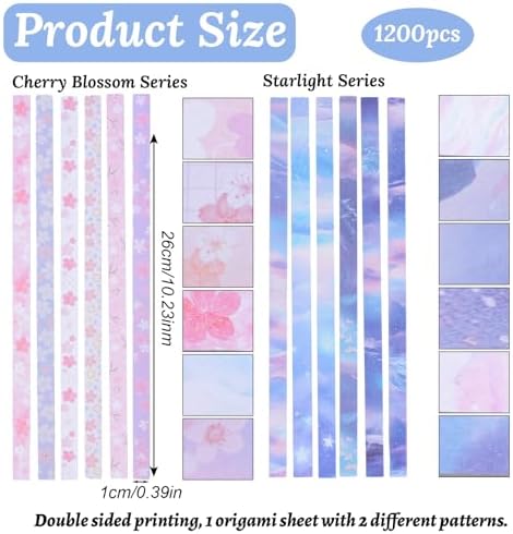Origami Star Paper Strip, 1200Pcs Double-Sided Printing Lucky Star Paper Strips Sakura and Starlight Themed Origami for DIY Craft, 24 Patterns
