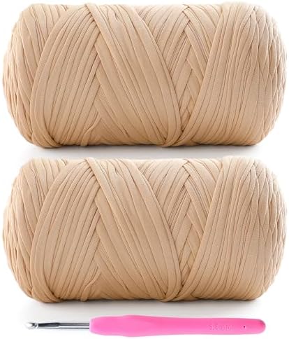 2 Pack Tshirt Yarn for Crochet - 800 g/260 yds T Shirt Yarn for Crocheting Bags/Baskets/Home Decor - Soft Elastic Fabric T-Shirt Yarn with 1 Crochet Hook (2, Khaki)
