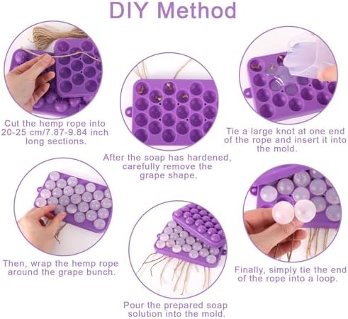 DIY Silicone Grape Soap Mold with 2 Hemp Ropes, Reusable Handmade Grape Shape Soap Mold Kit for Crafting Homemade Making Supplies Creative Gift Idea for Adults & Beginners (Purple)