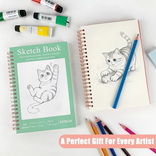 DSTELIN 2 Pack Hardcover Sketchbooks (100 GSM Sketch Paper), 7.5x5.1 Inch Spiral Sketch Book for Sketching, Drawing, Painting, 50 Sheets per Pack, Pink and Green