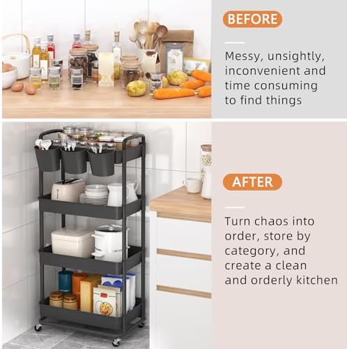 JIUYOTREE 4-Tier Plastic Rolling Storage Cart Utility Cart with Extra Hanging Cups Handles Lockable Wheels for Living Room Bathroom Kitchen Office Black