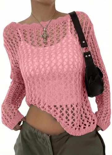 EVALESS Crochet Tops for Women Long Sleeve Hollow Out Knit Sweaters
