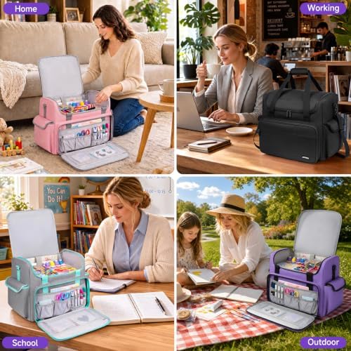 Craft Bag for Scrapbook Supplies, Large Scrapbook Tote with 15.6'' Laptop Sleeve, Art Supply Storage Bag with Multiple Pockets for Scrapbooking Tools, Purple