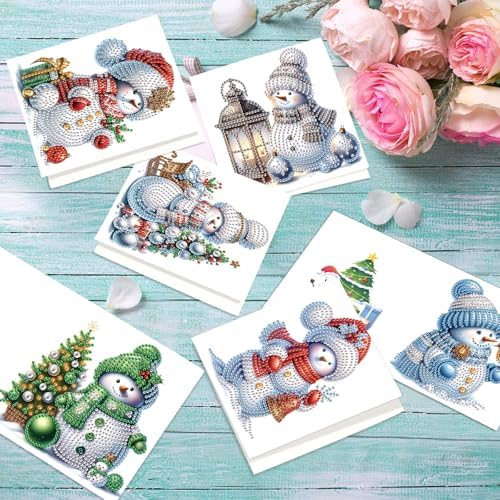 antor 6 Pack Diamond Art Christmas Cards with Envelopes, Special Shaped Rhinestone DIY Diamond Painting Greeting Card Kit, Snowman Design for Adults Holiday Craft Gift