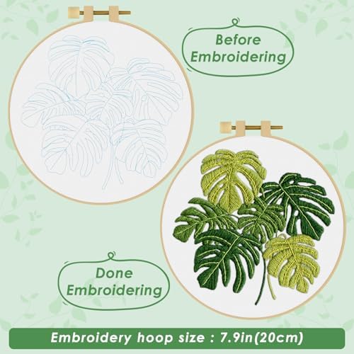 ERKOON Embroidery Kit for Beginners Adult, Cross Stitch Set Include Embroidery Cloth Hoop Threads for Craft Lover Hand Stitch with Embroidery Skill Techniques (Leaf)
