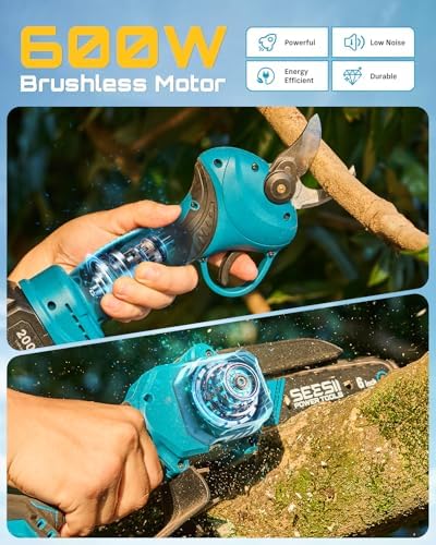 SEESII 2-in-1 Mini Chainsaw & Pruning Shears Combo, Brushless Motor | 6 Inch Cordless Chain Saw, 1.2" Electric Pruner with 2×2000mAh Batteries, for Tree Cutter, Pruning Scissors for Gardening