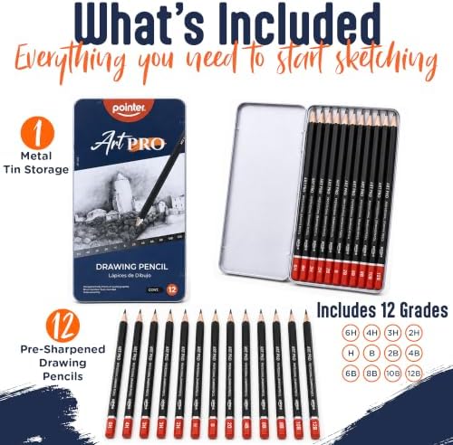 Pointer Art Pro Drawing Pencils Set, 12 Graphite Pencils 6H-12B, Professional Artist Sketching Kit