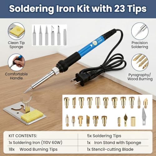 Wood Burning Kit, Adjustable 6 Temperature Pyrography Tool, 60W Iron with 5 Tips & Sponge for DIY Wood Crafts, Wood Art & Pyrography, Ideal for Detailed Shading & Designs (Brass, 30-Piece Set)