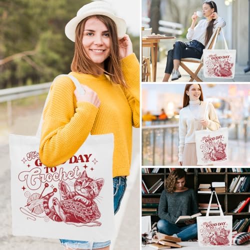 Crochet Knitting Humor Yarn Gifts Canvas Tote Bag, Reusable Grocery Shopping Bags for Crocheters Christmas