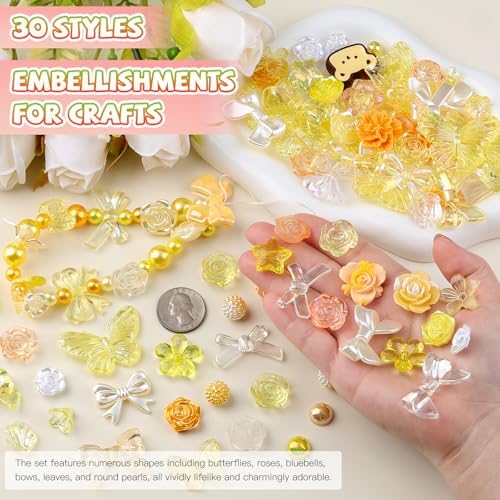 350 Pieces 3D Resin ABS Colorful Rose Flower Bows Butterfly Charms with Flatback Half Round Pearl Beads for Bracelet Earring Necklace Craft DIY Making Supplies