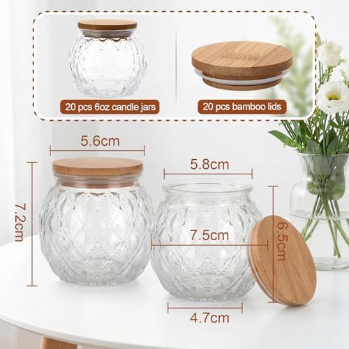 20 Pack Clear Candle Jars for Making Candles 6 oz Empty Glass Candle Making Jars with Bamboo Lids Diamond Texture Candles Containers for DIY, Wedding Souvenirs Gifts, Home Decoration