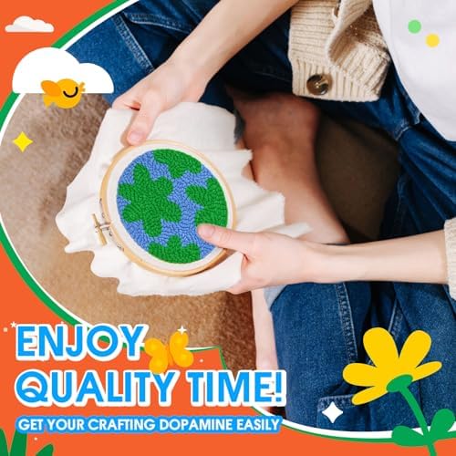 yuegool 2PCS Punch Needle Decoration Kit,Easy DIY Punch Needle Embroidery Kit for Beginners Adults Kids Including Patterns, Tools, Yarns, Hoop, Instruction, Bracket Art Craft Supplies