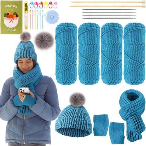 Maasechs Knitting Kit for Beginners Adults Learn to Knit Hat Scarf Glove Complete Knitting Starter Kit with Yarn, Needles, Faux Pom Pom and Step by Step Instruction for Women and Men (Lake Blue)