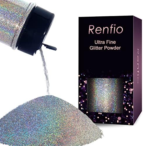 Renfio Holographic Ultra Fine Silver Glitter Powder Metallic Resin Glitter | 2.11 Oz (60g) PET Flakes Crafts Sequins 1/128" 0.008" 0.2mm Epoxy Chips Flakes for Tumblers Slime - Diamond Laser Silver