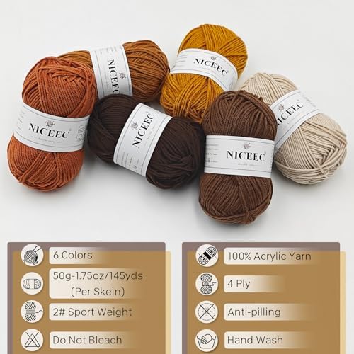 NICEEC 300g Soft Assorted Colors Yarn 100% Acrylic 870yds -Caramel
