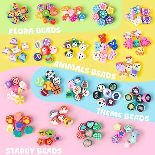Gionlion 1200 Pcs Polymer Clay Beads Bracelet Making Kit, 25 Style Animal Fruit Flower Butterfly Bunny Pony Letter Beads Charms for Jewelry Making, DIY Art and Crafts Toys Gifts