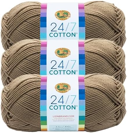 Lion Brand 24/7 Cotton Yarn, Yarn for Knitting, Crocheting, and Crafts, Taupe, 3 Pack