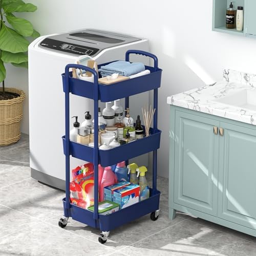 Sywhitta 3-Tier Plastic Rolling Utility Cart with Wheels for Storage,Blue