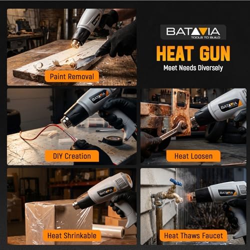 Heat Gun - BATAVIA Dual Protection Fuses 1800W Heavy Duty Fast Heat Hot Air Gun 122℉-1202℉ Variable Temperature Control Overheat Protection with 4 Nozzles for Crafts, Vinyl Wrap, Shrink Tubing