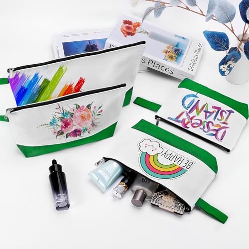 10 Pieces Cotton Canvas Makeup Bag with Bottom and Strap, Multi-Purpose Cosmetic Bag with Zipper Travel Toiletry Pouch, Blank DIY Craft Bag (White&Green, XS)