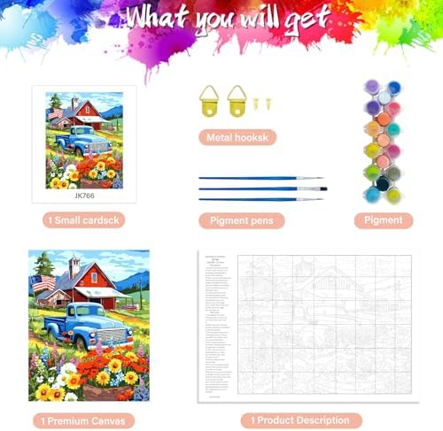 ZTOTZ Vintage Blue Truck Paint by Numbers Kit for Adults, 16x20 in American Farm Countryside Paint by Number Canvas, Red Barn -Floral Landscape Oil Painting for Adults Set