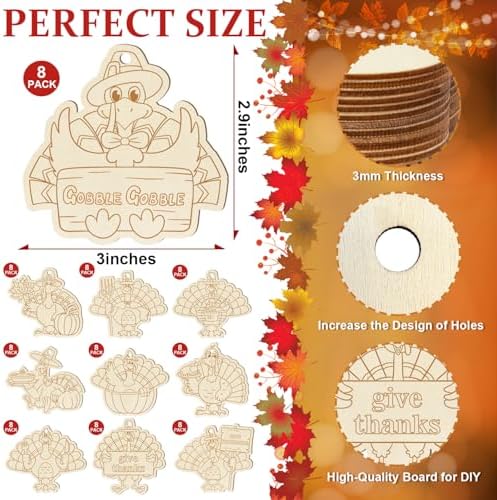 80PCS Wooden Thanksgiving Decoration Turkey Ornaments to Paint Thanksgiving Ornaments for Tree Crafts Cutouts Unfinished, DIY Blank Fall Unfinished Turkey Pumpkin Ornament for Home Harvest Hanging