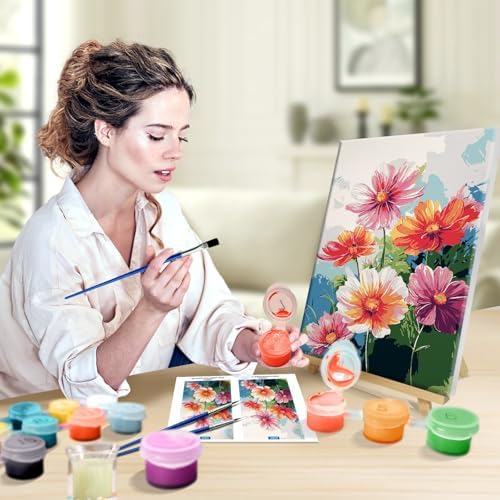 JOOZ Flowers Paint by Numbers Kit for Adults with Frame, Flower Paint by Number with Easel, DIY Floral Adult Paint by Number Kits Framed Canvas for Home Wall Decor 8 x 12 Inch