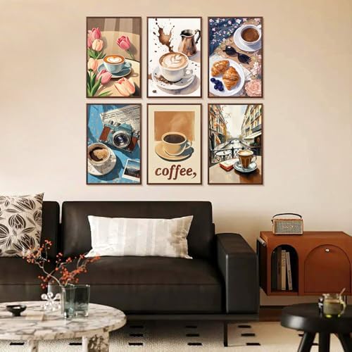 Yezavesu 6 Pack Paint by Numbers Kit for Adults Beginner Coffee, 8x12 Inch | Coffee Lovers DIY Acrylic Painting by Numbers, Without Frame Canvas, Stress Relief Craft Kits, For Home Wall Decor Gift
