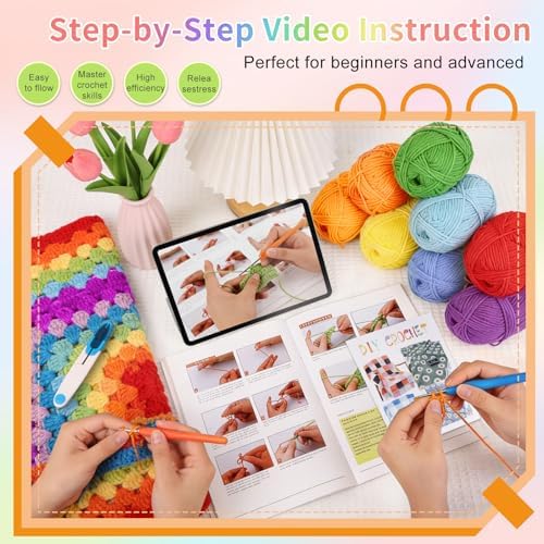 HUYEIOBGD Crochet Blanket Kit for Beginners – Easy Crochet Starter Kit for Adults & Kids, Colorful Rainbow Stripe Yarn, Complete Crochet Supplies with Step-by-Step Video Instructions