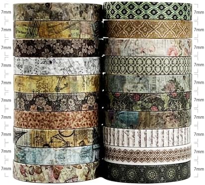 Retro Skinny Washi Tape Set 20 Rolls- Antique Patterns Masking Thin Basic Decorative Tapes for Arts, DIY Crafts, Bullet Journal, Planners, Scrapbook Decor, Gift Wrapping, Junk Journal