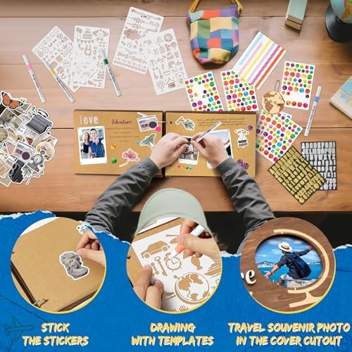 CY2SIDE Travel Photo Album Scrapbook - 111PCS Let The Adventure Begin Wooden Travel Scrapbook Craft Kit, Traveling Diary Photo Book DIY Handmade Souvenir Gifts for Adventure Lovers, Heartfelt Present