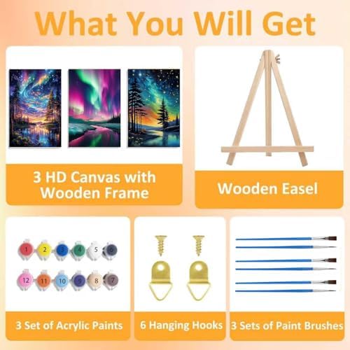 3 Pack Framed Paint by Numbers for Adult with Wooden Easel (8x12 inch) | Starry Sky Paint by Number on Canvas Oil Painting Kit with Brushes, Easy Adults' Paint-by-Number Kits for Home Wall Decor