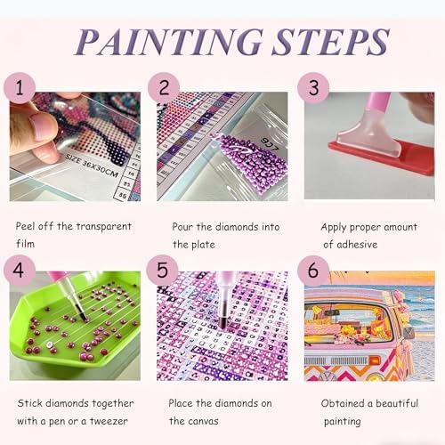 EOPLK Beach Diamond Painting Kits for Adults, Be Free Beach Van Diamond Art Kit for Beginners, 5D DIY Full Drill Round Gem Painting by Numbers for Home Wall Decor Gift, 12x16 inch
