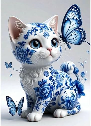 MVVMTOP Diamond Painting Kit for Adults 5D DIY Blue and White Porcelain cat and Butterfly Full Drill Round Diamond Art Kits for Beginners Crystal Rhinestone Embroidery Painting Home Wall Decor Gift