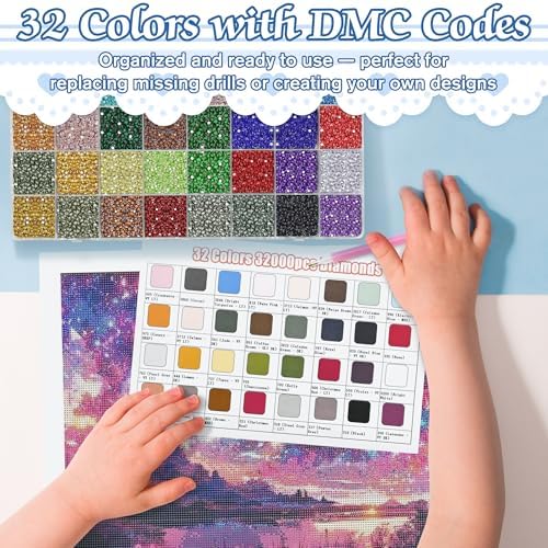 32 Colors 32,000 PCS Acrylic Diamond Painting Beads, Flat Bottom Round Rhinestones for 5D DIY Craft, Boxed with DMC Color Codes