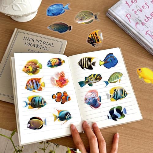 100PCS PET Marine Life Ocean Fish Stickers,Waterproof Transparent Tropical Fish Decals for Laptop, Luggage, Skateboard, Phone, Fridge, Trendy Stickers for Teens, Adults, Boys and Girls (100-fish)
