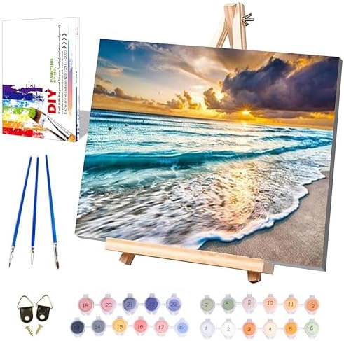 Beach Paint by Numbers for Adults with Framed Canvas - with Wooden Easel