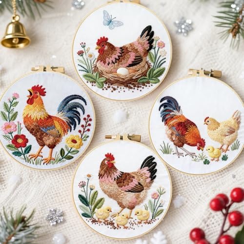 FREEBLOSS 4 Sets Embroidery Kit for Beginners Needlepoint Embroidery Starter Kit with Chicken Theme Stamped Patterns, Instructions, Colored Threads, 2 Hoops 11.6"/29.5cm