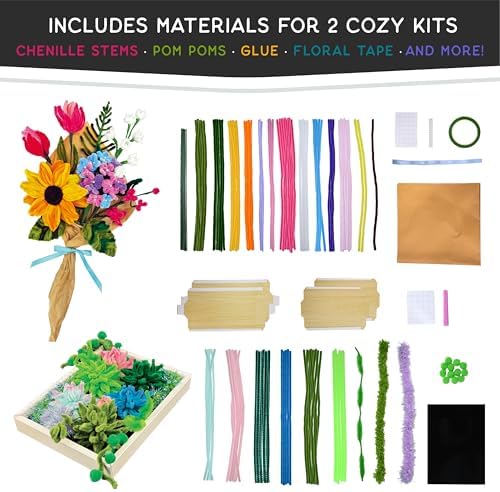 WeVeel Cozy Craftworks Chenille Stem Flower & Succulent Craft Kit for Adults – Create a Wildflower Bouquet and Succulent Box Garden – Relaxing DIY Botanical Arts & Crafts Set