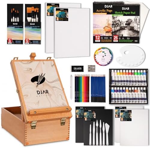DJAR 87 Pcs Acrylic Paint Set with Tabletop Easel for Adults & Beginners | 24 Colors, Canvas, Brushes & Palette, Professional Art Supplies, Storage Box Ideal for Artists & Students