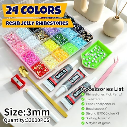 33000Pcs Bedazzling Kit, 24 Colors Resin Jelly Rhinestones 3mm Flatback Gems for Diamond Art, Crafting & Nail Art, Bedazzler Kit with 3Pcs B7000 Jewelry Glue and Multiple Tools