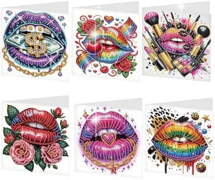 antor 6 Pack 5D Diamond Painting Greeting Cards, Fashionable Lip Design