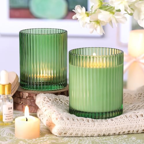 Green Candle Jars with Lids, 8-Pack 12oz Ribbed Glass Candle Containers