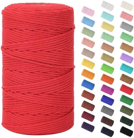 HOMEBOBO Macrame Cord 3mm x 220Yards (656Feet), Natural Cotton Macrame Rope - 4 Strands Twisted Macrame Cotton Cord for Wall Hanging, Plant Hangers, Crafts, Gift Wrapping and Wedding Decorations, Red