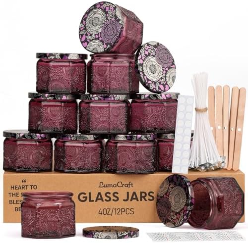 LumaCraft 12 Pack 4oz Glass Candle Jars with Lids, Hexagon Embossed Candle Making Containers, Empty Candle Jars with 20 Wicks & Labels for DIY Candle Making, Party Favors, Home Decor