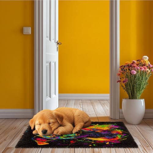 Latch Hook Rug Kit Colorful Pitbull Dog Pre-Printed Handmade Carpet Crochet Yarn Craft DIY Hook and Latch Door Mat Tapestry for Home Floor Decoration 52x38cm-2