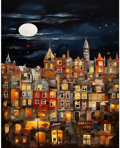 PRASIO Paint by Numbers Kit for Adults Beginner, Moonlight House Adult Paint by Number Kits, DIY Acrylic Paint by Numbers Kit for Adults Canvas for Home Decor Gift 16x20 Inch